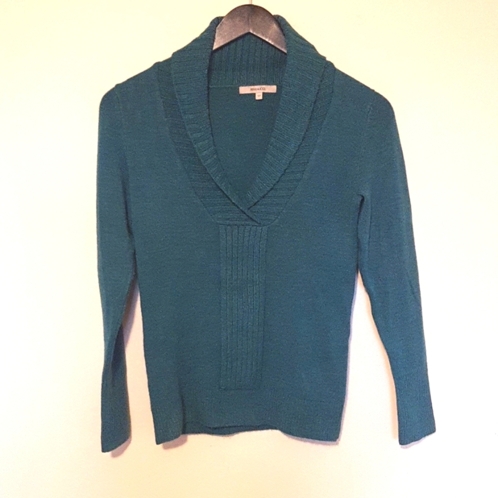 RW&CO Teal V-Neck Sweater With Shawl Collar